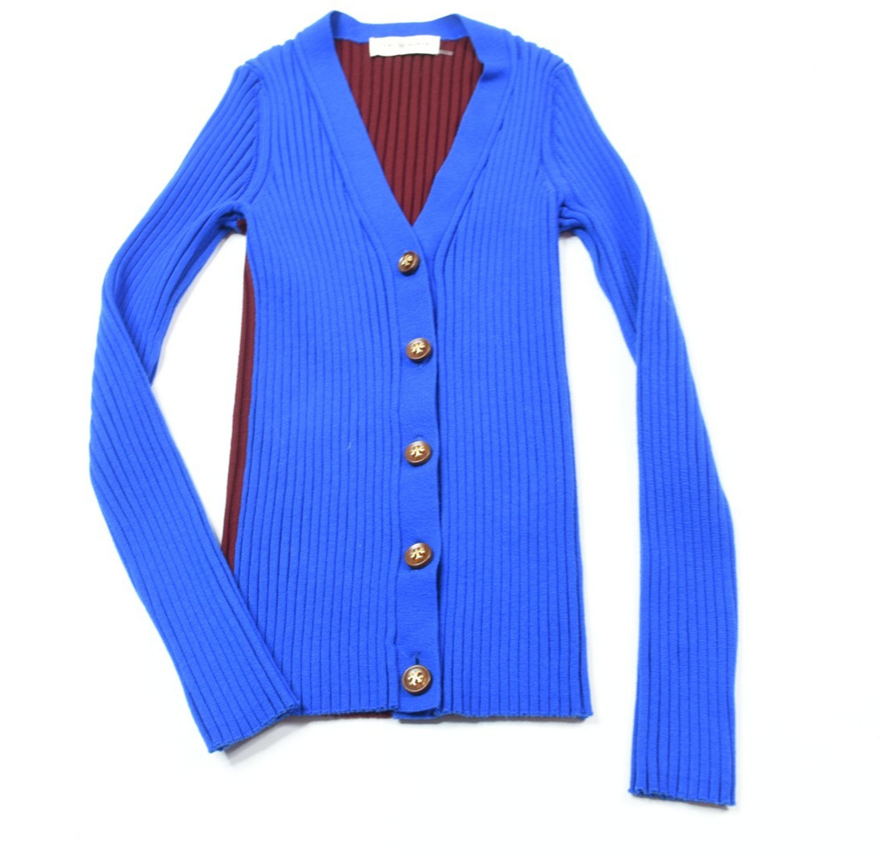Tory Burch Ribbed Colorblock Cardigan Sweater Womens Small Blue Burgundy Logo